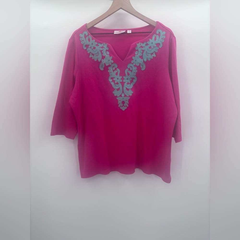 Quacker Factory Pink Top with Turquoise Embroidery and Beading Size 1X